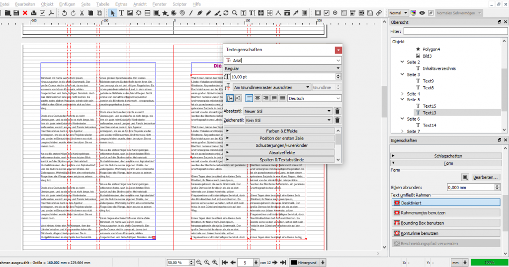 In diesem Screenshot findet sich das Fenster "Texteigenschaften" auf dem Dokument, nicht rechts an der Seite.