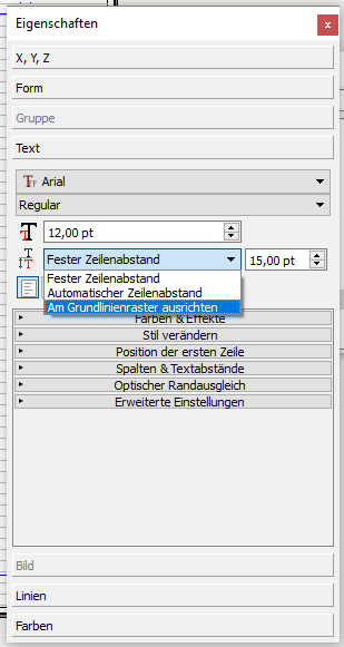 Der Screenshot zeigt, wie du Text am Grundlinienraster ausrichtest. Dafür musst du unter "Text" in der Eigenschaftenpalette statt "fester Zeilenabstand" "Am Grundlinienraser ausrichten" einstellen.