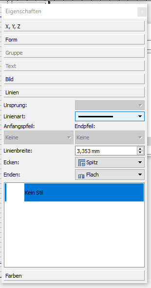 Der Screenshot zeigt die Eigenschaftenpalette, geöffnet ist der Bereich "Linien".