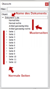 Das Fenster "Übersicht" ist zu sehen. Oben steht immer der Name des geöffneten Dokuments. Darunter sind die vorhandenen Musterseiten aufgelistet. Darunter befinden sich alle normalen Seiten.