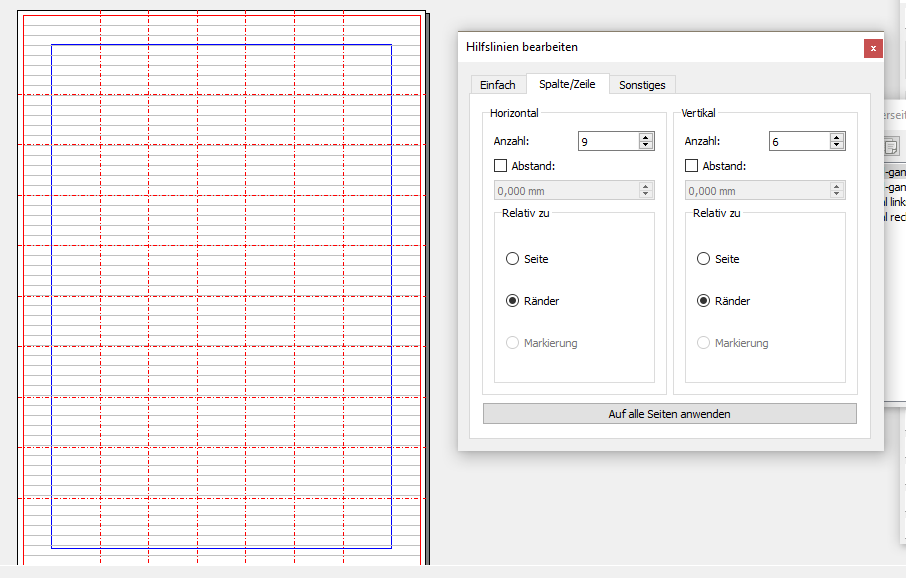 Geöffnet ist das Fenster "Hilfslinien bearbeiten". Dort ist die Anzahl der Spalten auf "9", die Anzahl der Zeilen (vertikal) 6 ausgewählt.