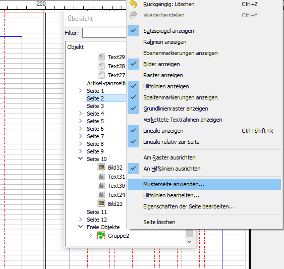 Rechtsklick auf den Text "Seite 2" in der Übersicht. „Musterseite anwenden“ anklicken.