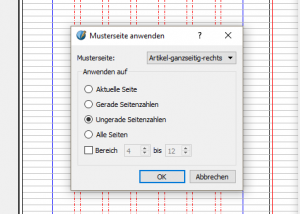 Zu sehen ist das Fenster "Musterseite anwenden" und dort wurde "Gerade Seitenzahlen" ausgewählt.