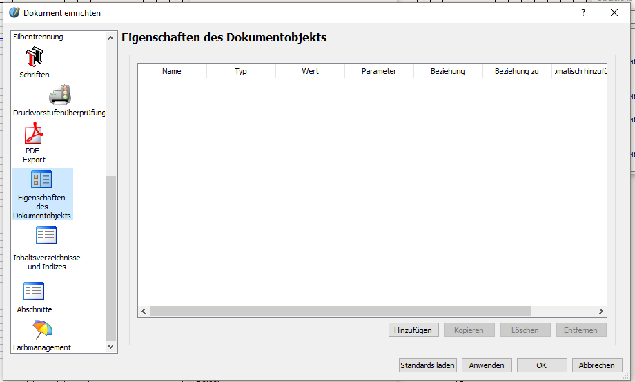 Dann gehst du auf „Datei“ -> „Dokument einrichten“. Im Fenster, das sich öffnet, scrolle links herunter und gehe auf „Eigenschaften des Dokumentobjekts“.