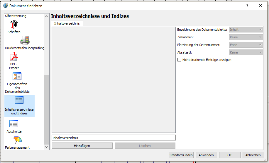 Nun gehst du unterhalb von „Eigenschaften des Dokumentobjekts“ auf „Inhaltsverzeichnisse und Indizes“. (In Version 1.5.3 heißt es "Inhaltsverzeichnisse".)