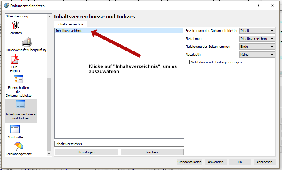 Klicke im rechten Fenster auf "Inhaltsverzeichnis" um es auszuwählen.