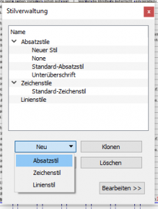 Es öffnet sich dieses Fenster. Klicke auf „Neu“ und wähle in dem Dropdown-Menü, welches sich öffnet, „Absatzstil“.