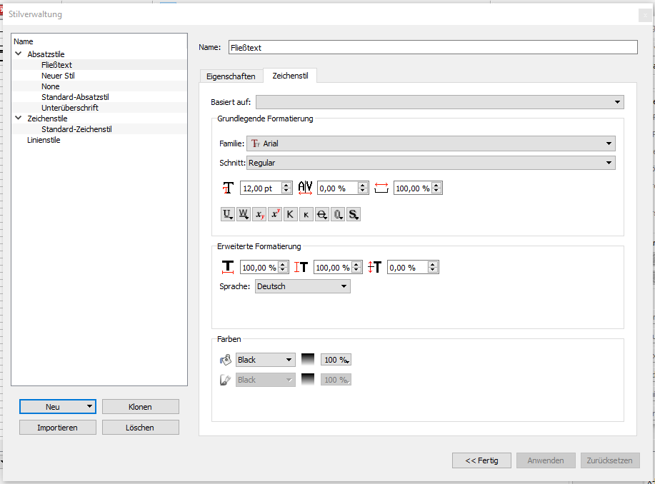 Zu sehen ist die Registerkarte "Zeichenstil" in der Einstellungen wie Schriftgröße oder Schriftfarbe eingestellt werden können.