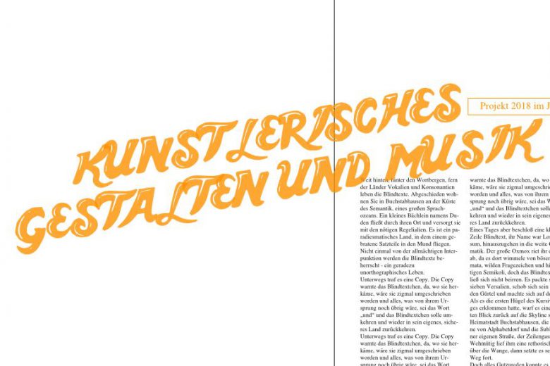 große orangene Überschrift "Künstlerisches Gestalten und Musik", quer über eine Magazin-Doppelseite