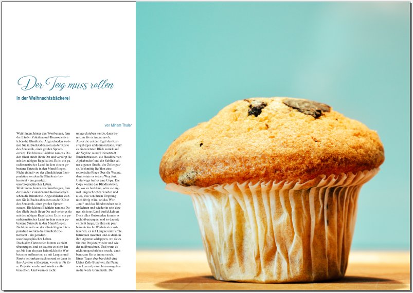 Doppelseite meines Magazins, rechts ist die Seite komplett von einem großen Bild von einem Muffin bedeckt, das sich ein Stück auf die linke Seite erstreckt. Auf der linken Seite die große Überschrift, Unterüberschrift, Autorenzeile und Fließtext.