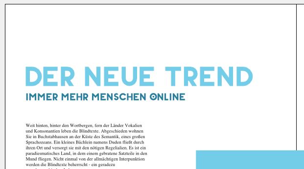 Große Headline in Kapitälchen, darunter ein einzeiliger, kurzer Leadtext