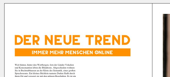 Große orangene Headline mit Leadtext darunter. Leadtext ist in weiß, mit einem orangenen Rechteck hinterlegt