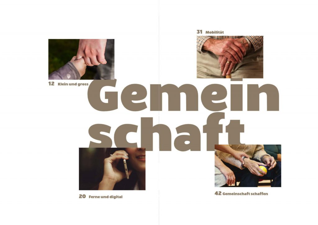 Inhaltsverzeichnis mit einem zentralen Schriftzug „Gemeinschaft“. Außen am Schriftzug hängen an vier Seiten Bilder mit einem Titel und einer Seitenzahl. 