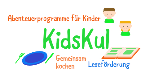 Kidskul: Bunte Icons, mit vielen Details. Zwei Kinder, ein Teller mit Besteck und ein Buch. Dazu kurze Texte.